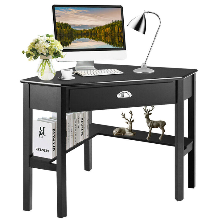 Triangle Computer Desk Corner Office Desk Laptop Table w/ Drawer Shelves Rustic Image 1