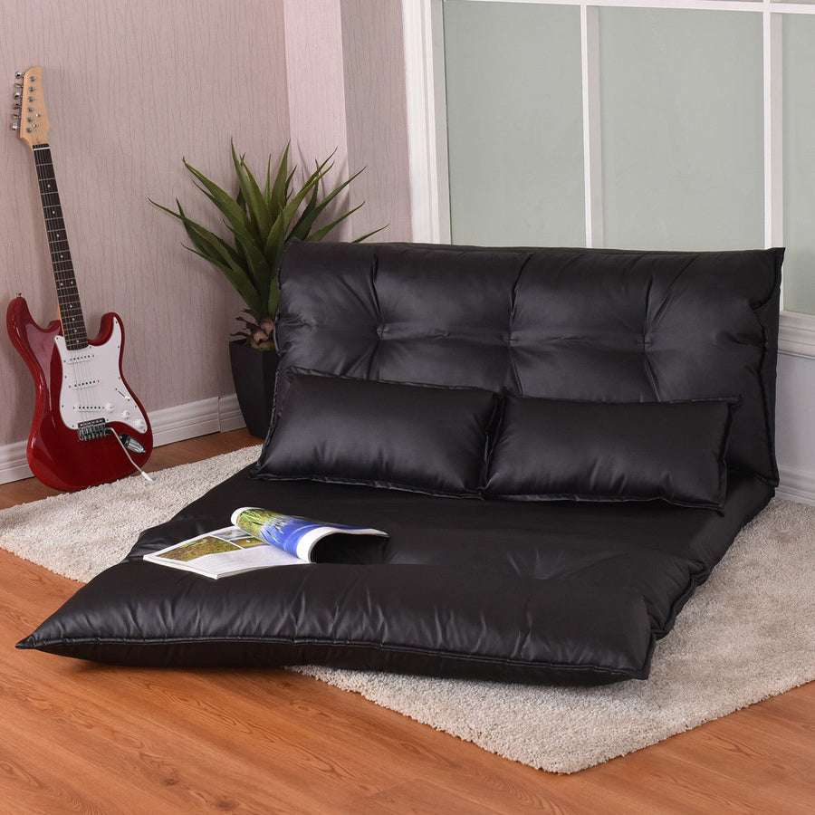 PU Leather Foldable Modern Leisure Floor Sofa Bed Video Gaming 2 Pillows Black Image 1