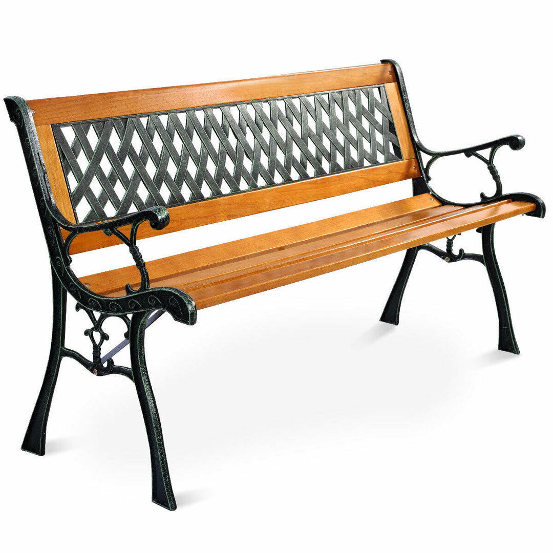 49 1/2 Patio Park Garden Bench Porch Path Chair Outdoor Deck Cast Iron Hardwood Image 1