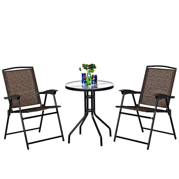 3PC Bistro Patio Garden Furniture Set 2 Folding Chairs Glass Table Top Steel Image 1