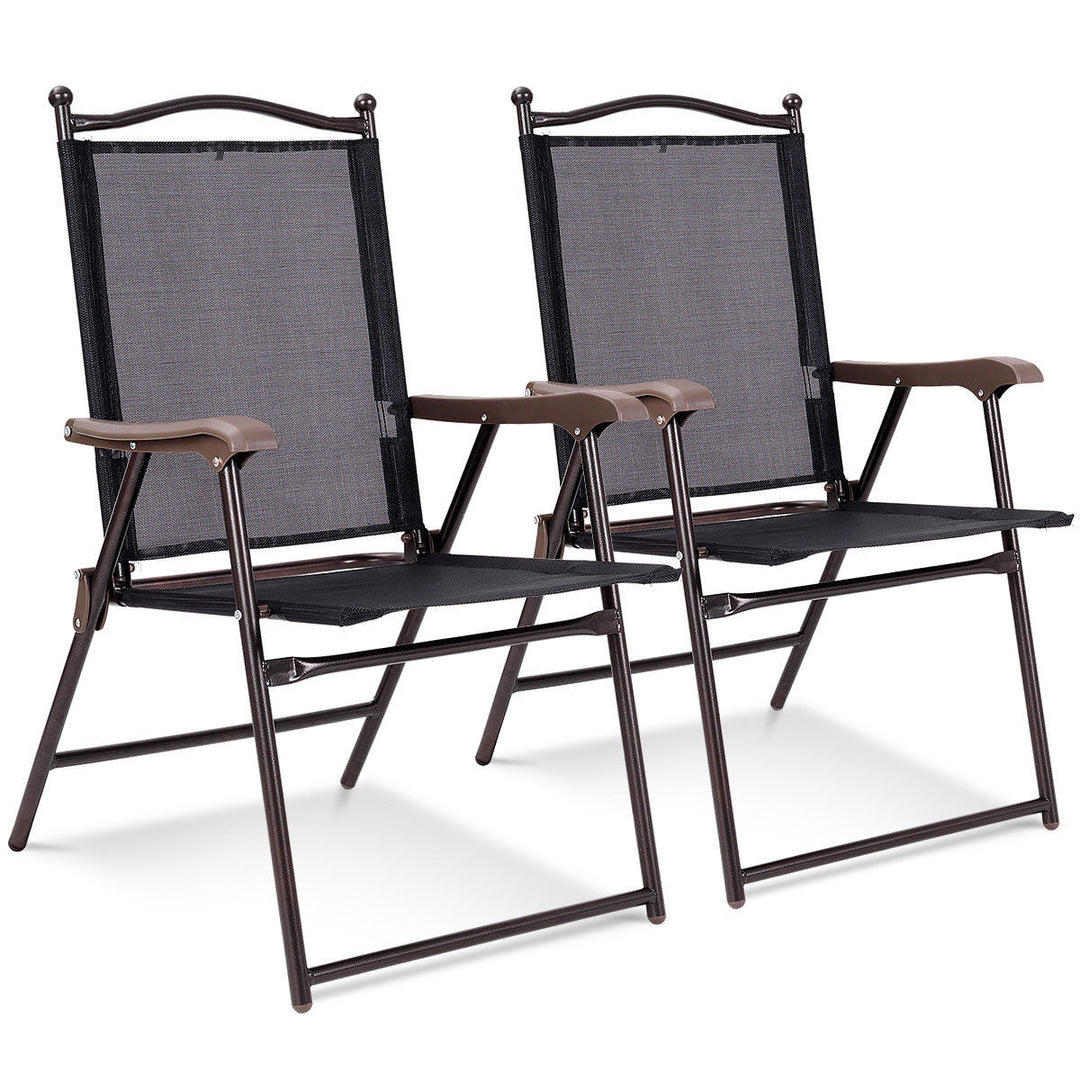 Set of 2 Patio Folding Sling Back Chairs Camping Deck Garden Beach Black Image 1