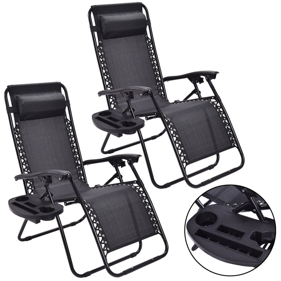 2PCS Zero Gravity Chairs Lounge Patio Folding Recliner Outdoor Black W/Cup Holder Image 1