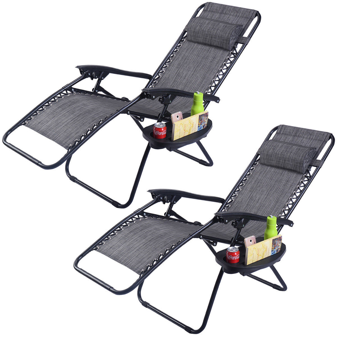 2PC Folding Zero Gravity Reclining Lounge Chairs Beach Patio W/Utility Tray Image 1