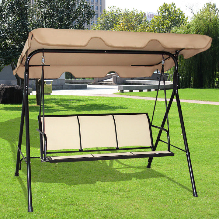 3 Person Outdoor Patio Swing Canopy Awning Yard Furniture Hammock Steel Beige Image 1