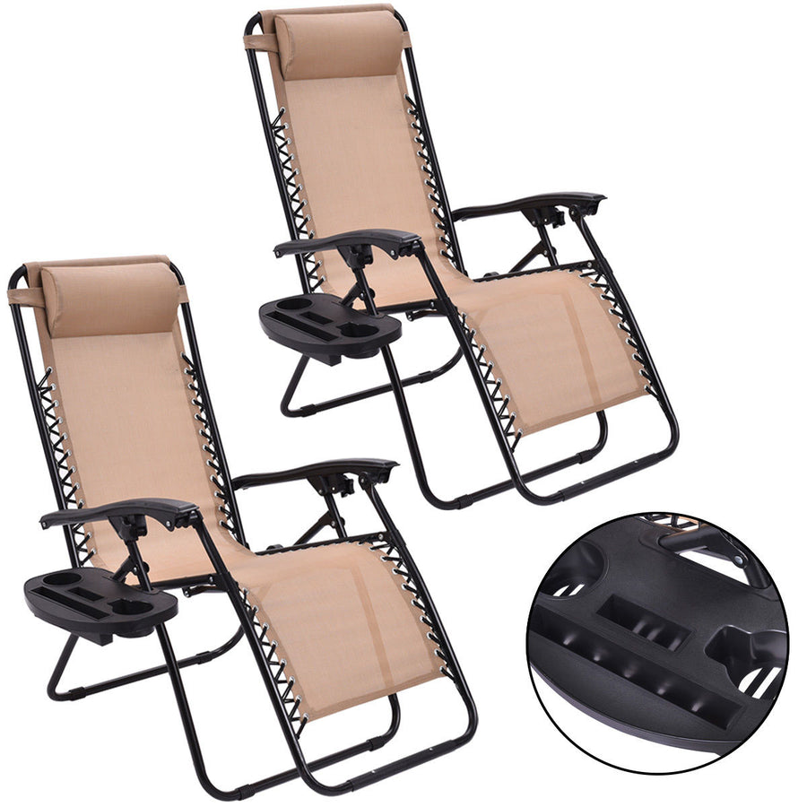 2PCS Zero Gravity Chairs Lounge Patio Folding Recliner Beige W/Cup Holder Image 1