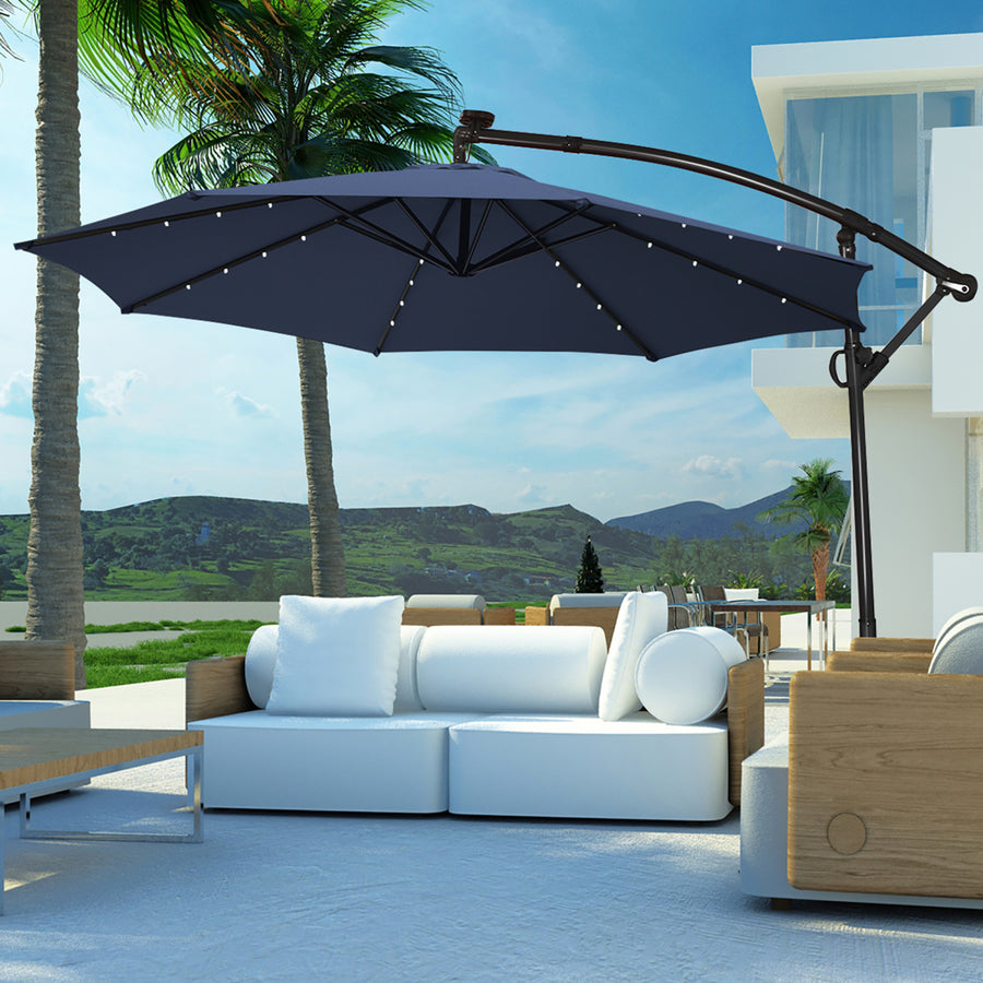 10FT Patio Offset Umbrella Solar Powered LED 360Degree Rotation Aluminum Navy Image 1