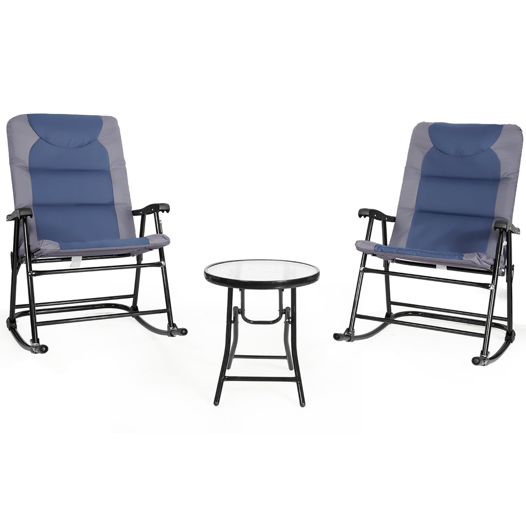 3PCS Folding Bistro Set Rocking Chair Cushioned Table Garden Blue Image 1