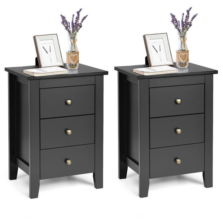 Set of 2 Nightstand End Beside Sofa Table w/ 3 Drawers Bedroom Furniture Black Image 1