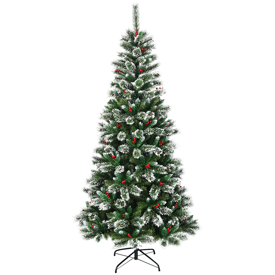 7 ft Snow Flocked Artificial Christmas Hinged Tree w/ Pine Needles and Red Berries Image 1