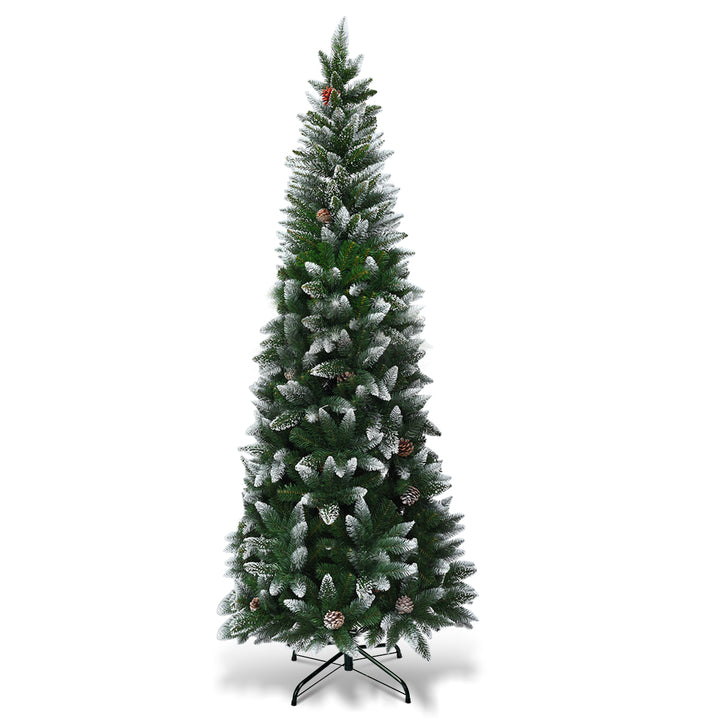 7.5ft Snow Flocked Pencil Christmas Tree Hinged Pine Cones Image 1