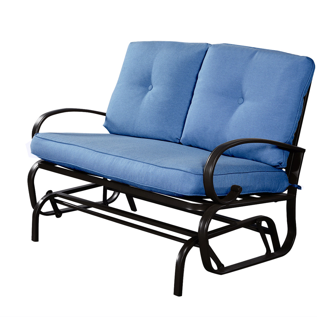 Glider Outdoor Patio Rocking Bench Loveseat Cushioned Seat Steel Frame Blue Image 1