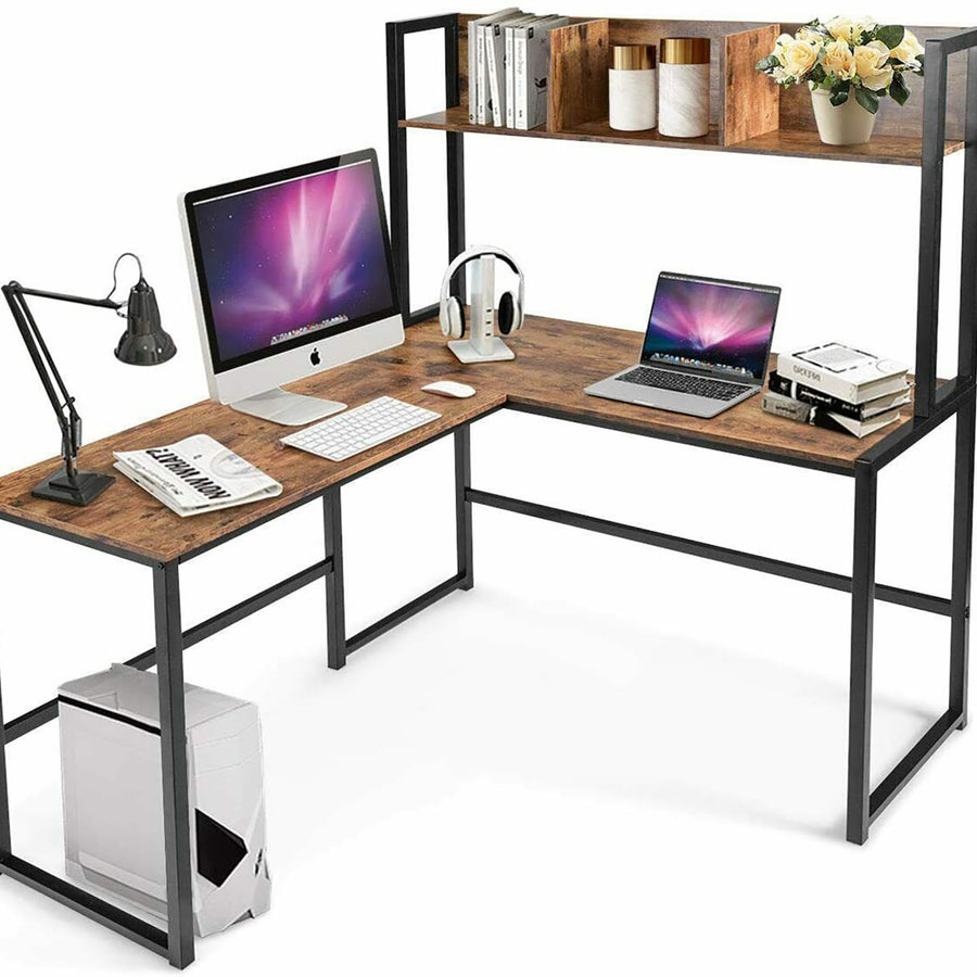 Industrial L-Shaped Desk w/Hutch Bookshelf 55 Corner Computer Desk Gaming Table Image 1