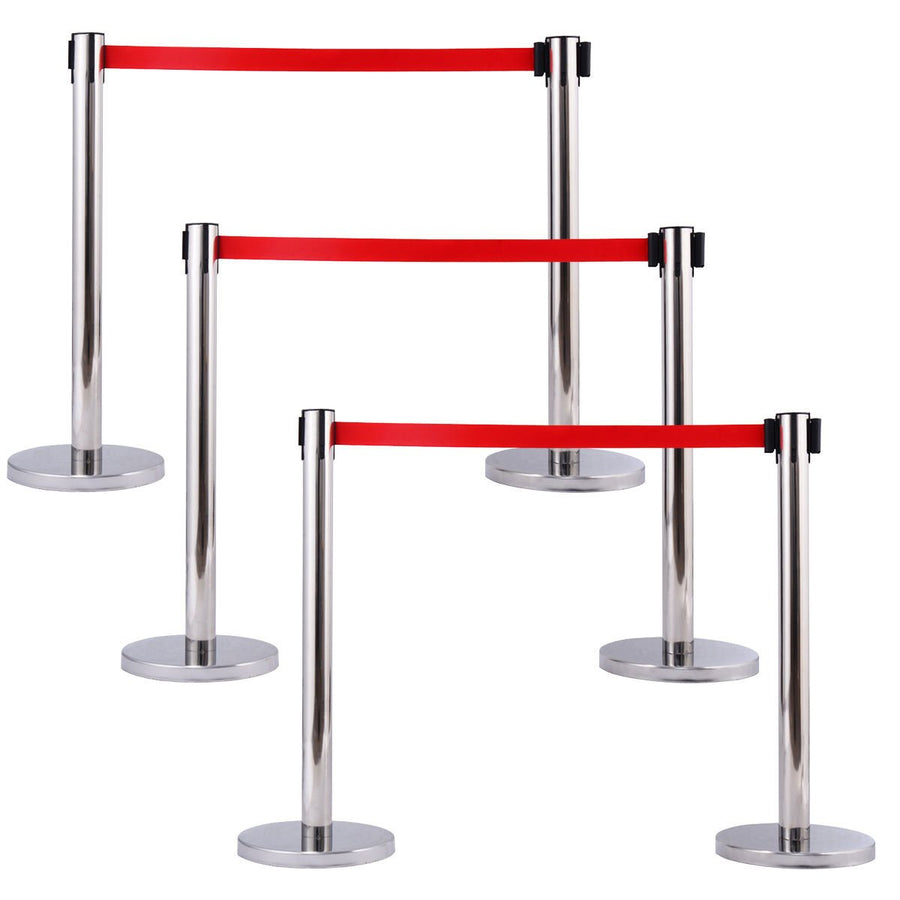 6Pcs Stanchion Posts Queue Pole Retractable Red Belt Crowd Control Barrier Image 1