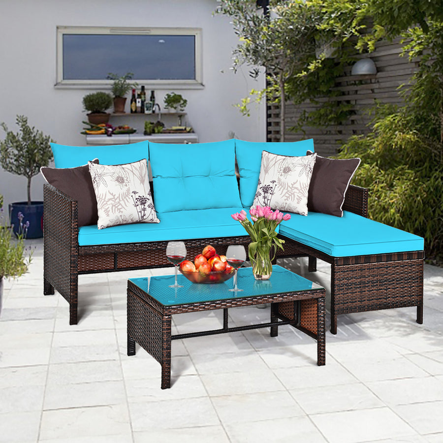 Costway 3PCS Patio Wicker Rattan Sofa Set Outdoor Sectional Conversation Set Turquoise Image 1