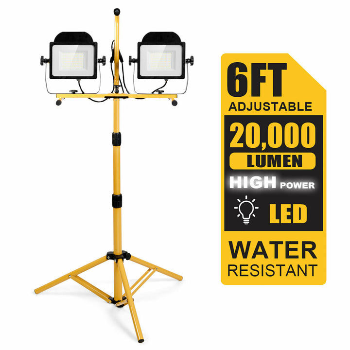 200W 20,000lm LED Dual-Head Work Light w/Adjustable Tripod Stand IP65 Waterproof Image 1