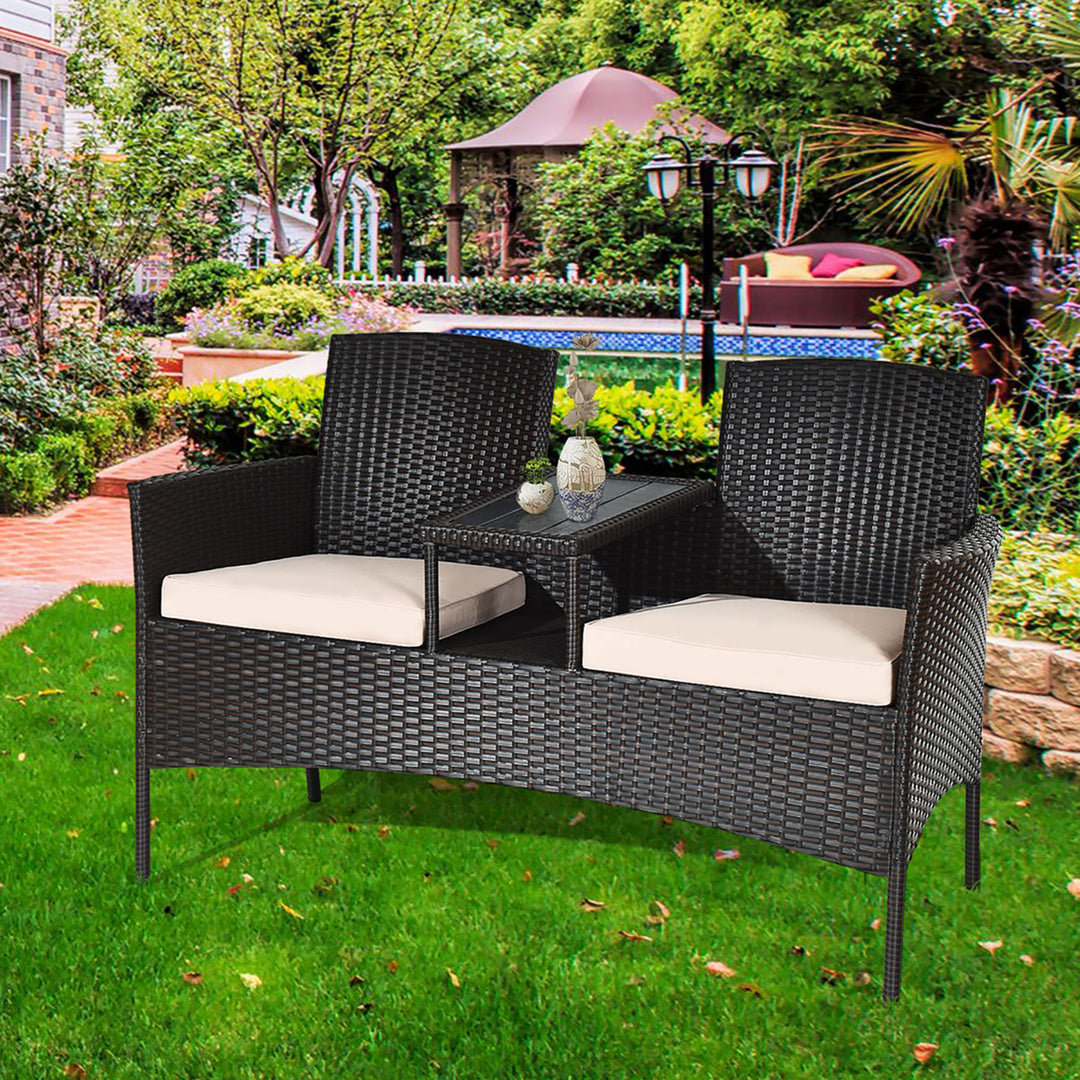 Patio Rattan Conversation Set Loveseat Sofa Cushioned Coffee Table Mix Brown Image 1