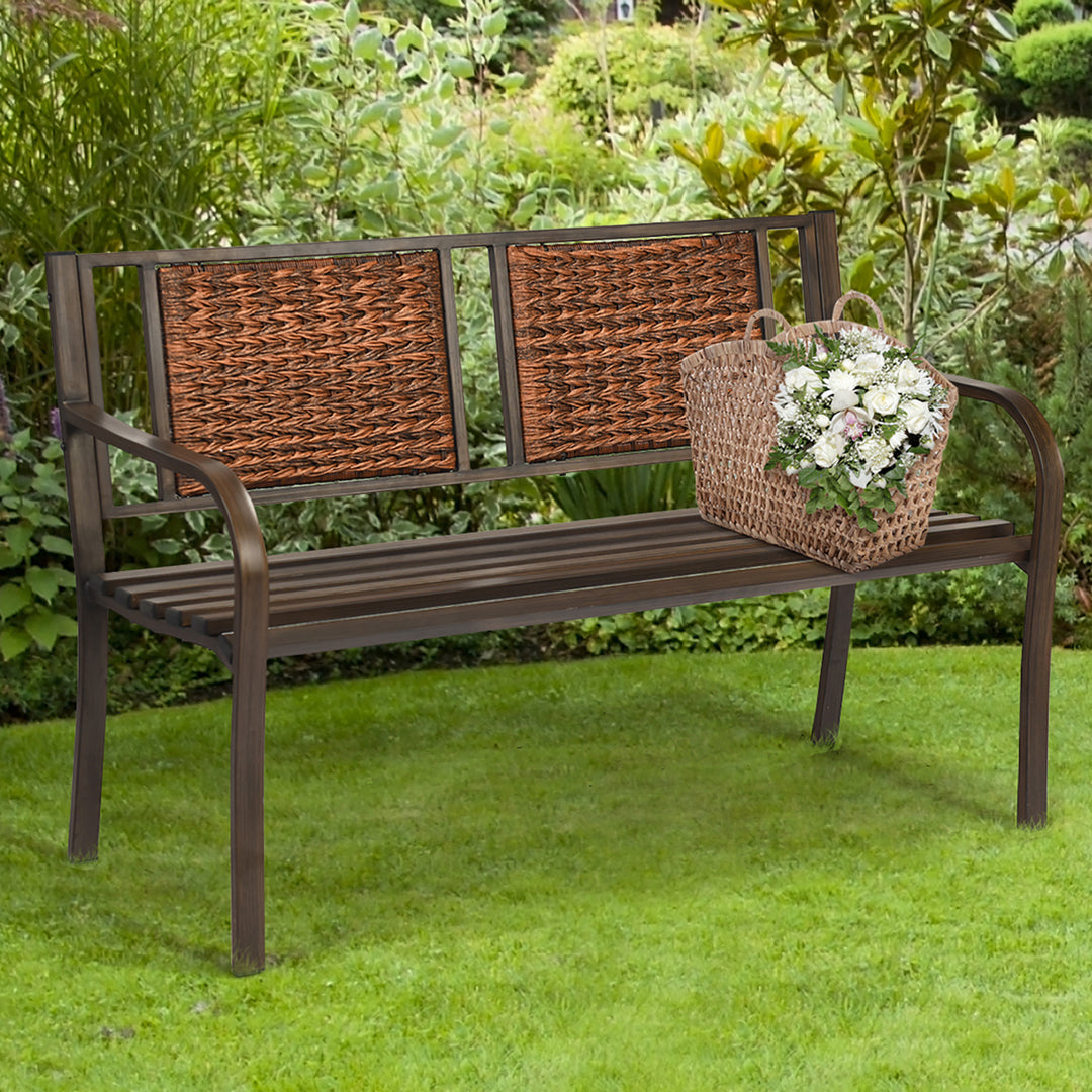 Patio Garden Bench Steel Frame Rattan Backrest Park Yard Outdoor Porch Furniture Image 1