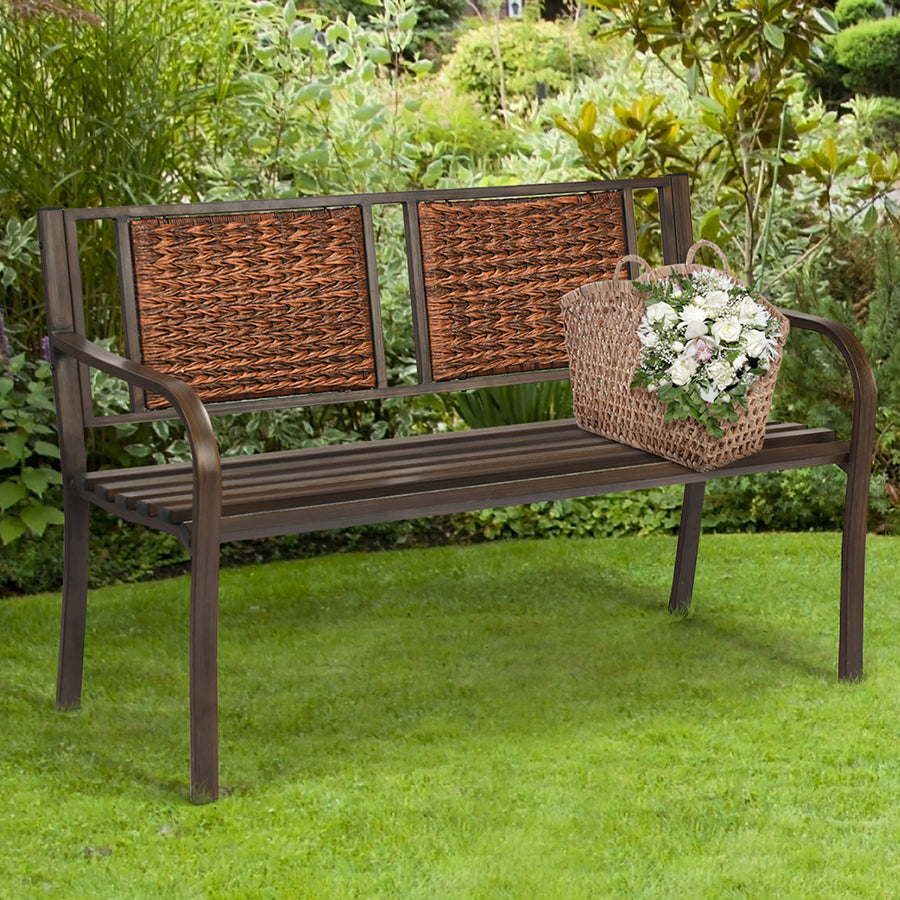 Patio Garden Bench Steel Frame Rattan Backrest Park Yard Outdoor Porch Furniture Image 1