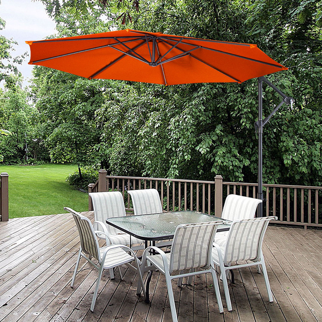 10 Ft Hanging Umbrella Patio Sun Shade Offset Outdoor Market Cross Base Orange Image 1