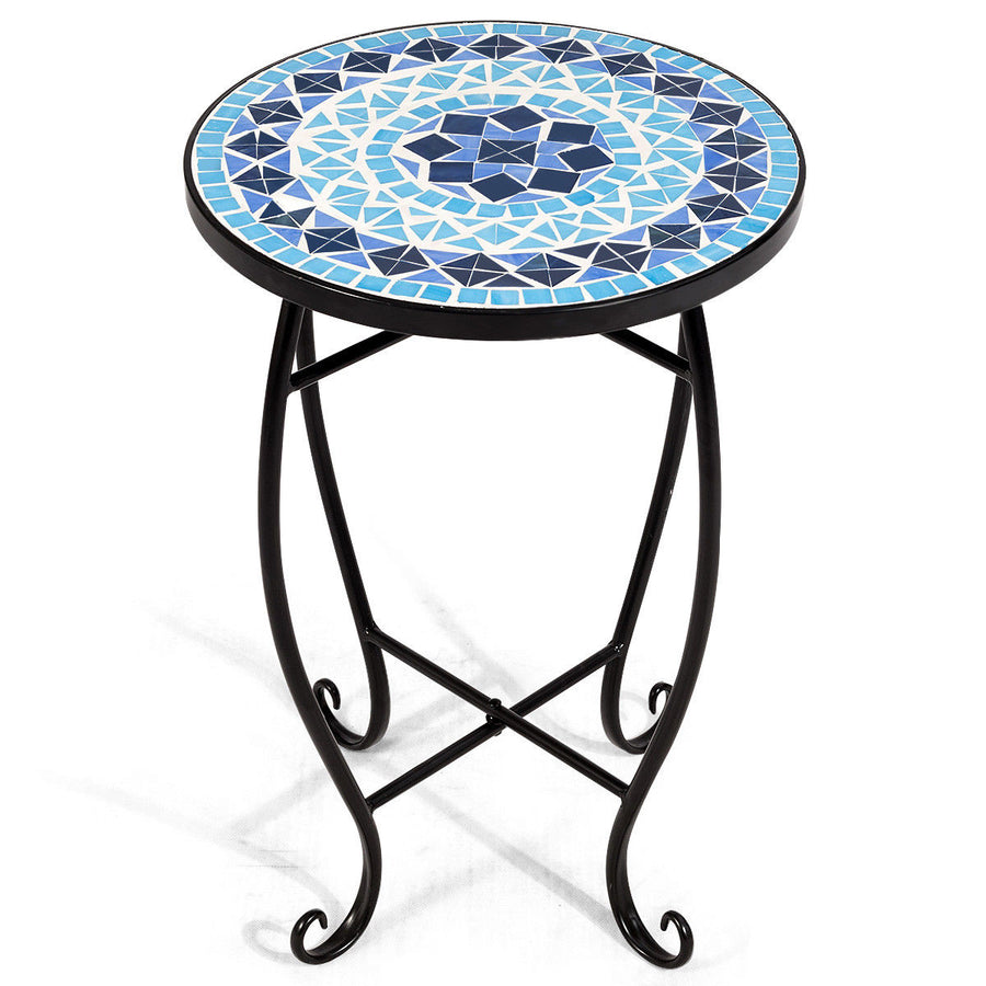 Outdoor Indoor Accent Table,Mosaic Patio Table, Plant Stand Cobalt Blue Color Scheme Garden Steel Image 1