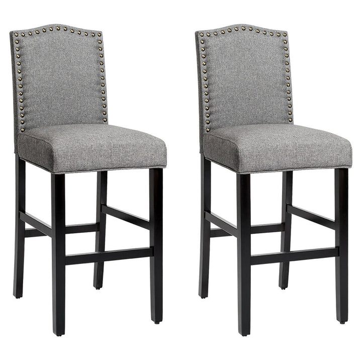 Set of 2 Bar Stools 30 Upholstered Kitchen Rubber Wood Full Back Chairs Gray Image 1