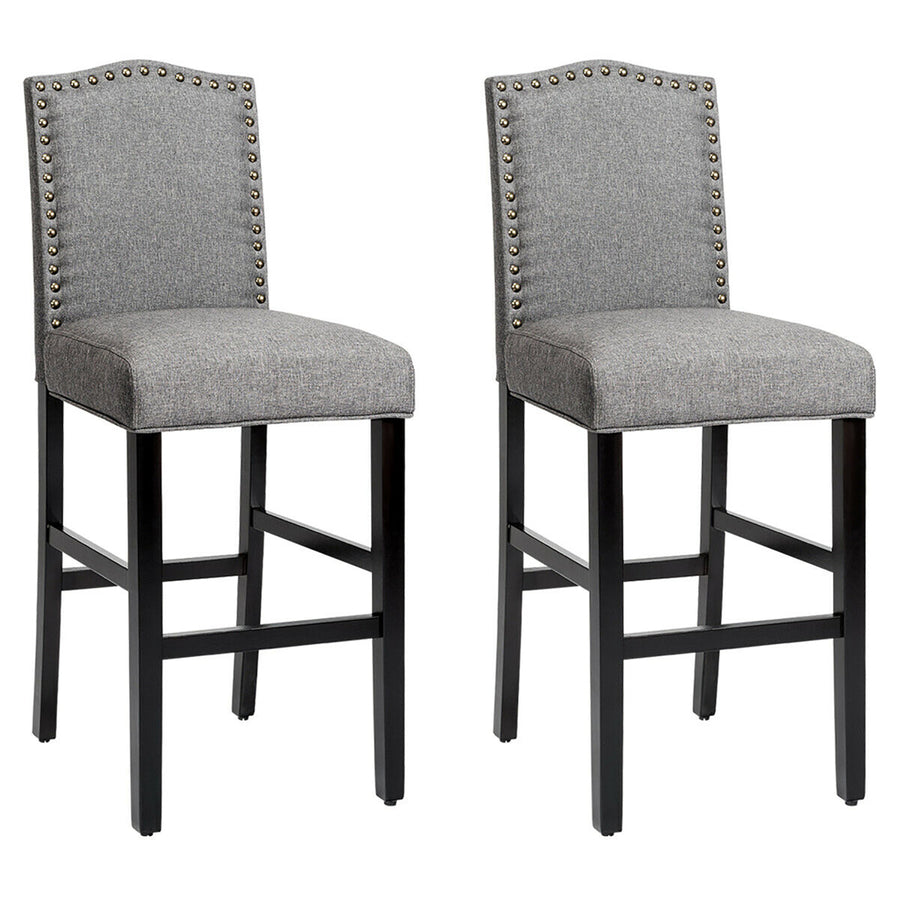 Set of 2 Bar Stools 30 Upholstered Kitchen Rubber Wood Full Back Chairs Gray Image 1