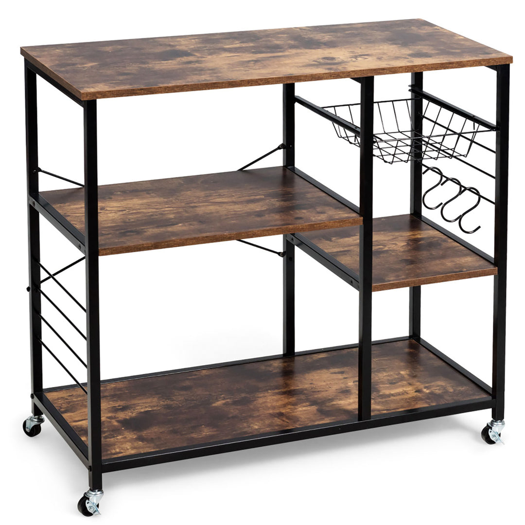 Rolling Industrial Kitchen Bakers Rack Wood Black Image 1