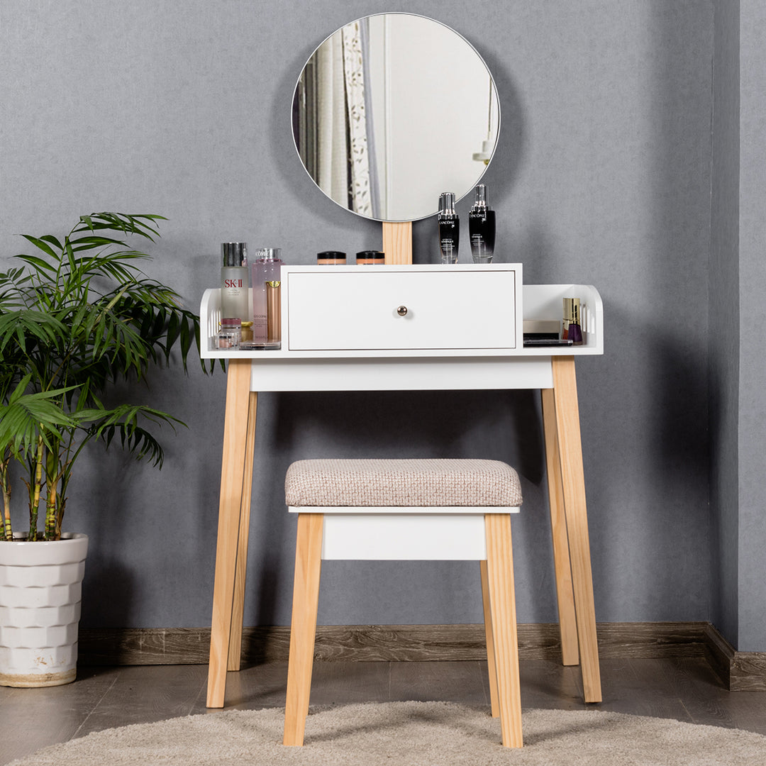 Wooden Vanity Makeup Dressing Table Stool Round w/Drawer Image 5