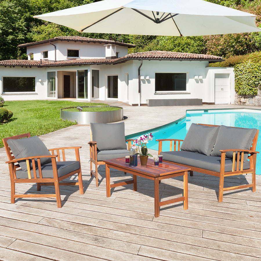 4PCS Wooden Patio Furniture Set Table Sofa Chair Cushioned Garden Image 1