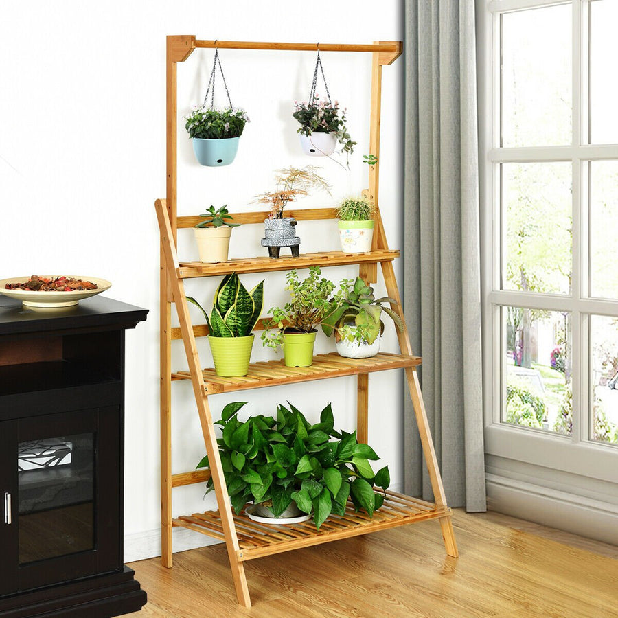 3 Tier Bamboo Hanging Folding Plant Shelf Stand Flower Pot Display Rack Bookcase Image 1