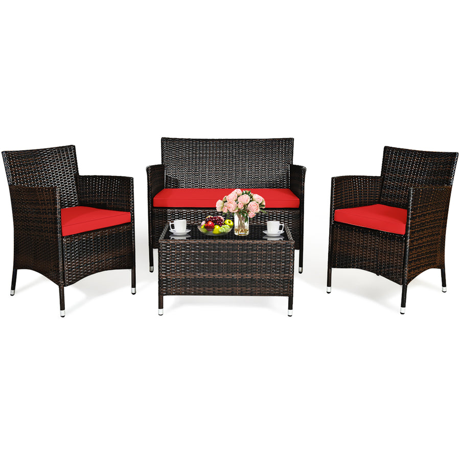 4PCS Rattan Patio Furniture Set Cushioned Sofa Chair Coffee Table Image 1