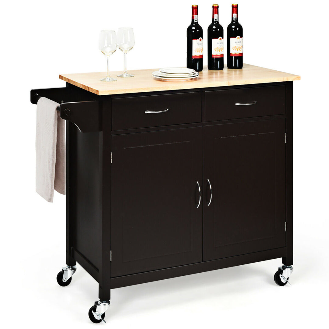 Modern Rolling Kitchen Cart Island Storage Trolley Cabinet Utility for Home Hotel Kitchen w/Solid Wood Top Image 1