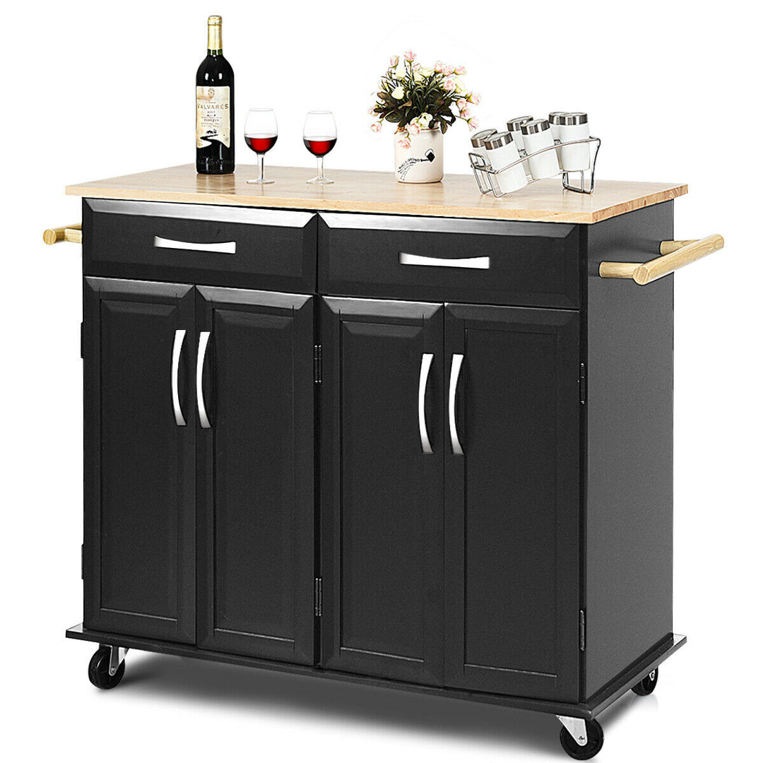 Rolling Kitchen Trolley Island Black Cart Wood Top Storage Cabinet Utility W/ Drawers Image 1