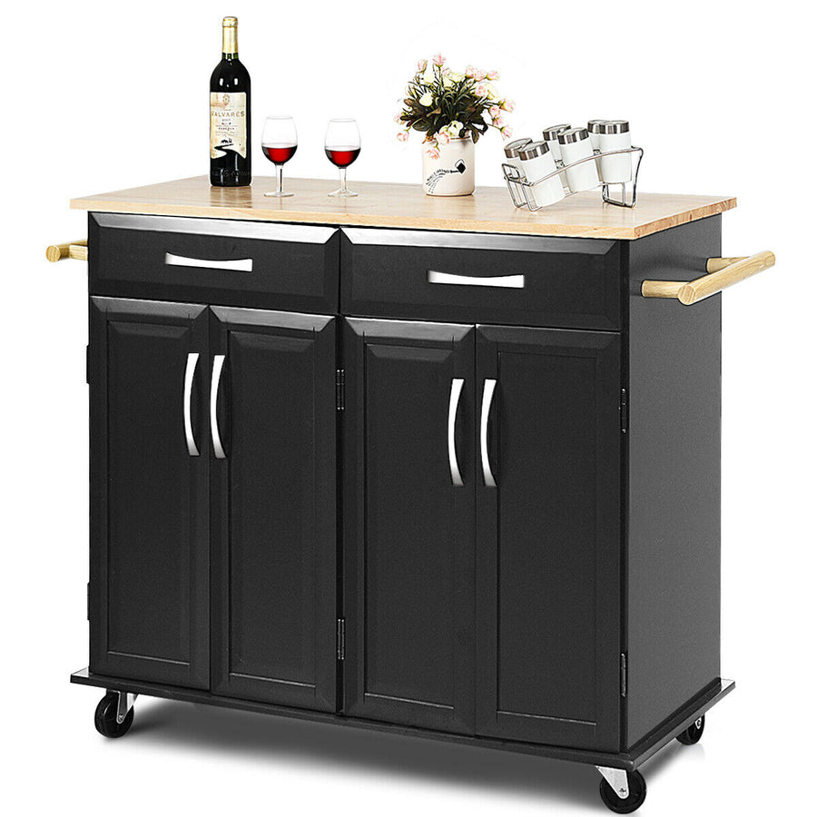 Rolling Kitchen Trolley Island Black Cart Wood Top Storage Cabinet Utility W/ Drawers Image 1