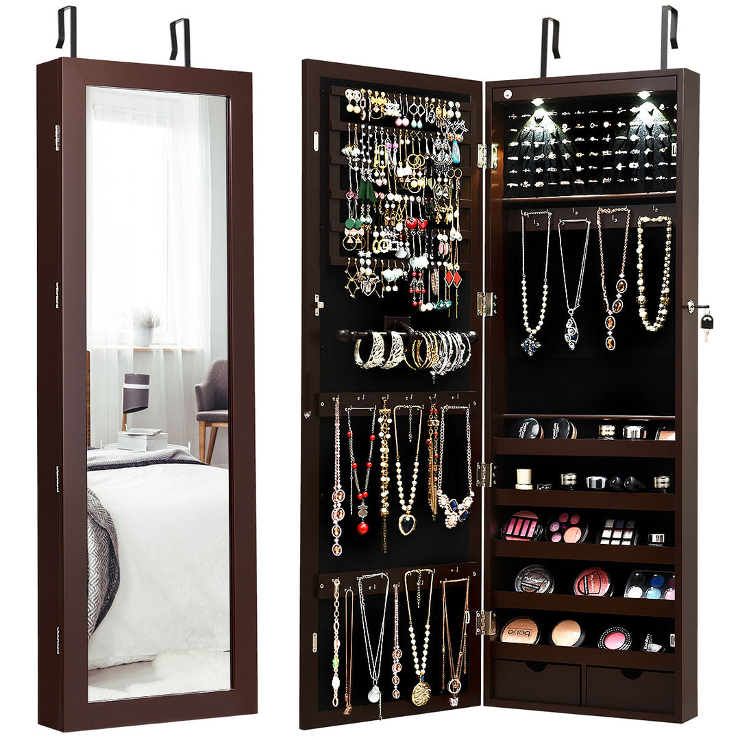 Wall Mount Mirrored Jewelry Cabinet Organizer LED Lights Image 1