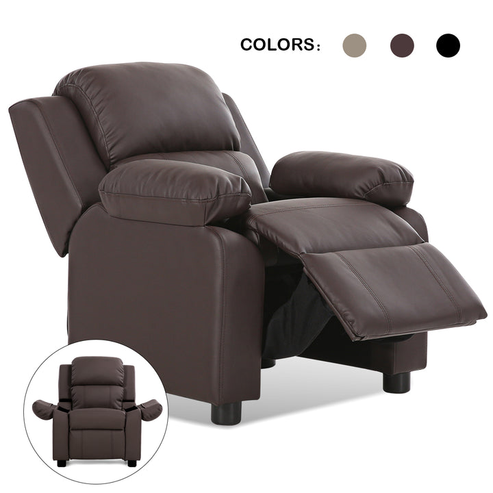 Deluxe Padded Kids Sofa Armchair Recliner Headrest Children w/ Storage Arm Brown Image 1