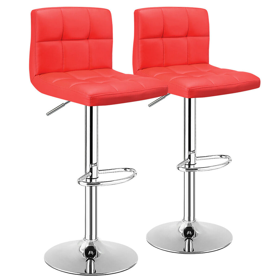 Set of 2 Bar Stools Adjustable Swivel Kitchen Counter Bar Chair PU Leather Red Full Back Image 1