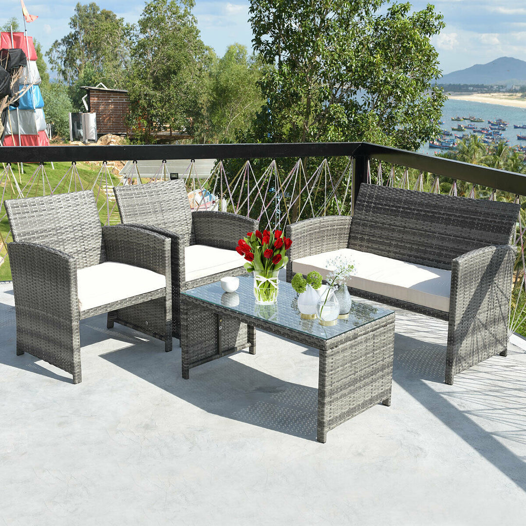 4PCS Rattan Patio Furniture Set Garden Lawn Sofa Cushioned Seat Mix Gray Wicker Image 1