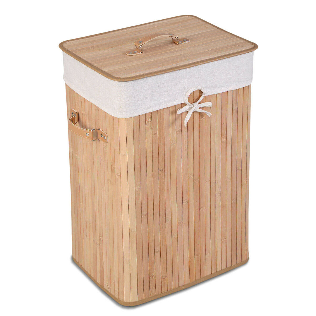 Rectangle Bamboo Hamper Laundry Basket Washing Cloth Bin Storage Bag Lid Natural Image 1