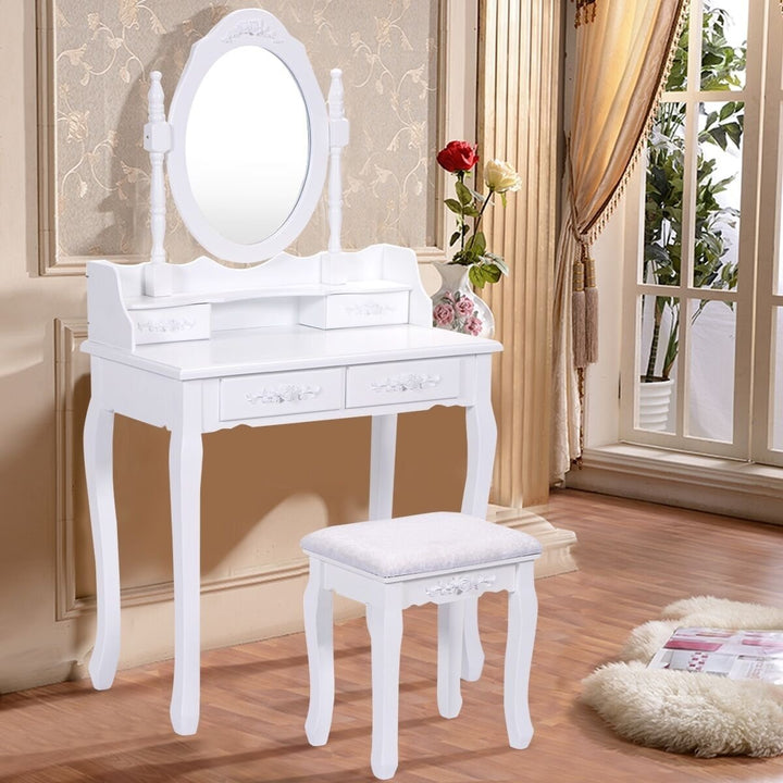 White Vanity Jewelry Makeup Dressing Table Stool 4 Drawer Image 1