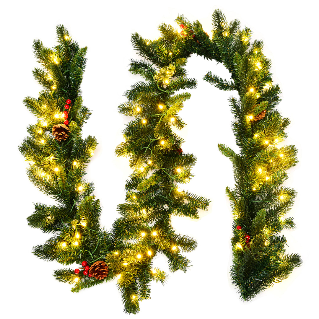 9Ft Pre-lit Artificial Christmas Garland Red Berries w/ 100 LED Lights and Timer Image 1