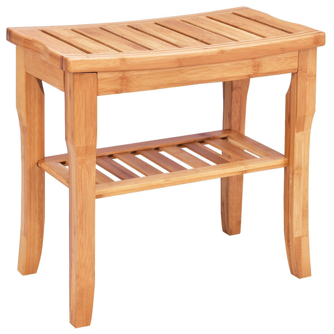 Bamboo Shower Seat Bench Bathroom Spa Bath Organizer Stool with Storage Shelf Image 1