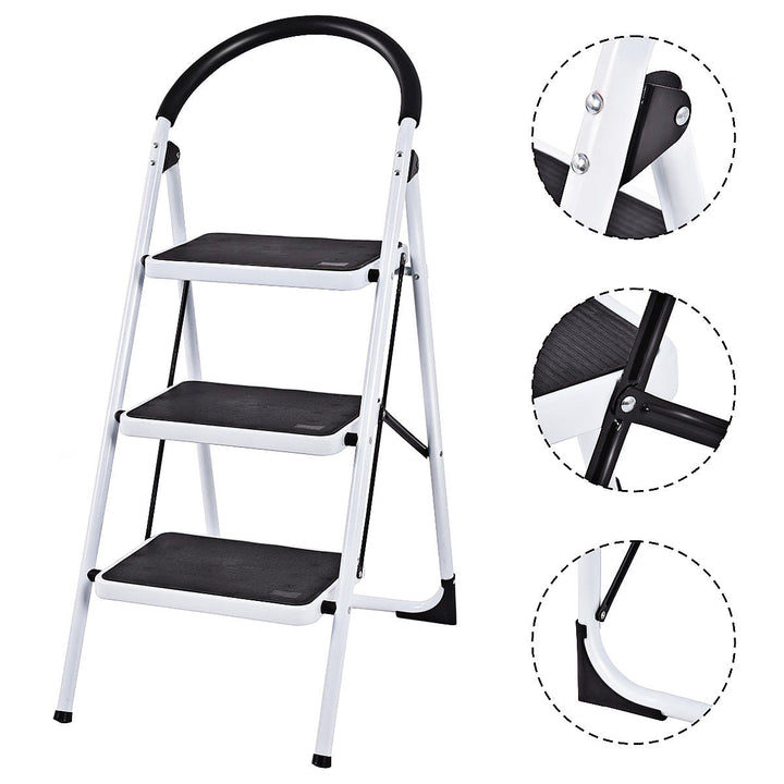 3 Step Ladder Folding Stool Heavy Duty 330Lbs Capacity Industrial Lightweight, Black Image 1