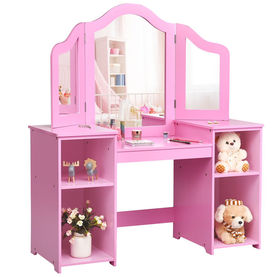 Costway Vanity Table Set Makeup Dressing Kids Girls Study Table Tri Folding Mirror WhitePink Image 1