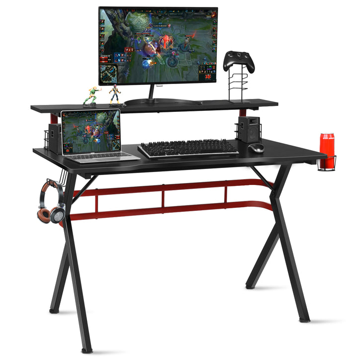 Gaming Computer Desk w/ Monitor Shelf and Storage for Controller Headphone Speaker Image 1