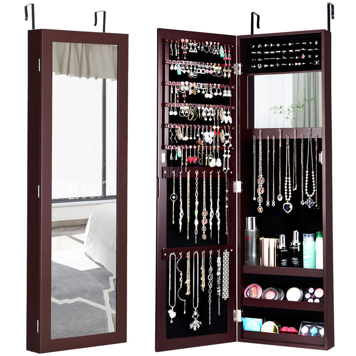 Wall Door Mounted Mirrored Jewelry Cabinet Storage Organizer-Brown Image 1