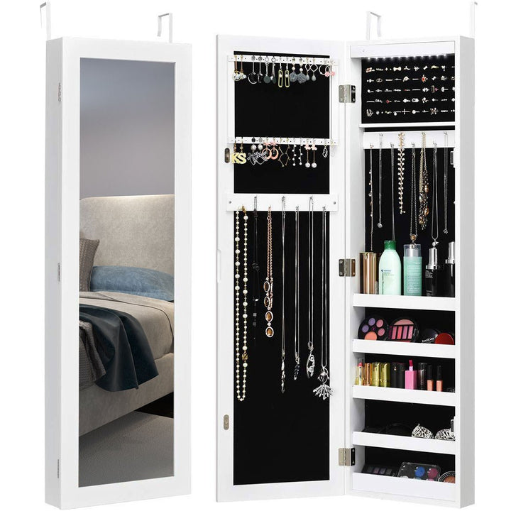 Wall Door Mounted Mirrored Jewelry Cabinet Organizer Storage w/LED Light White Image 1