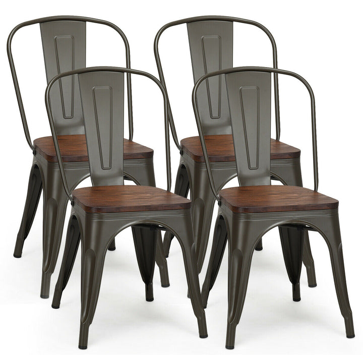 Set of 4 Style Metal Dining Side Chair Wood Seat Stackable Bistro Cafe Brown Image 1