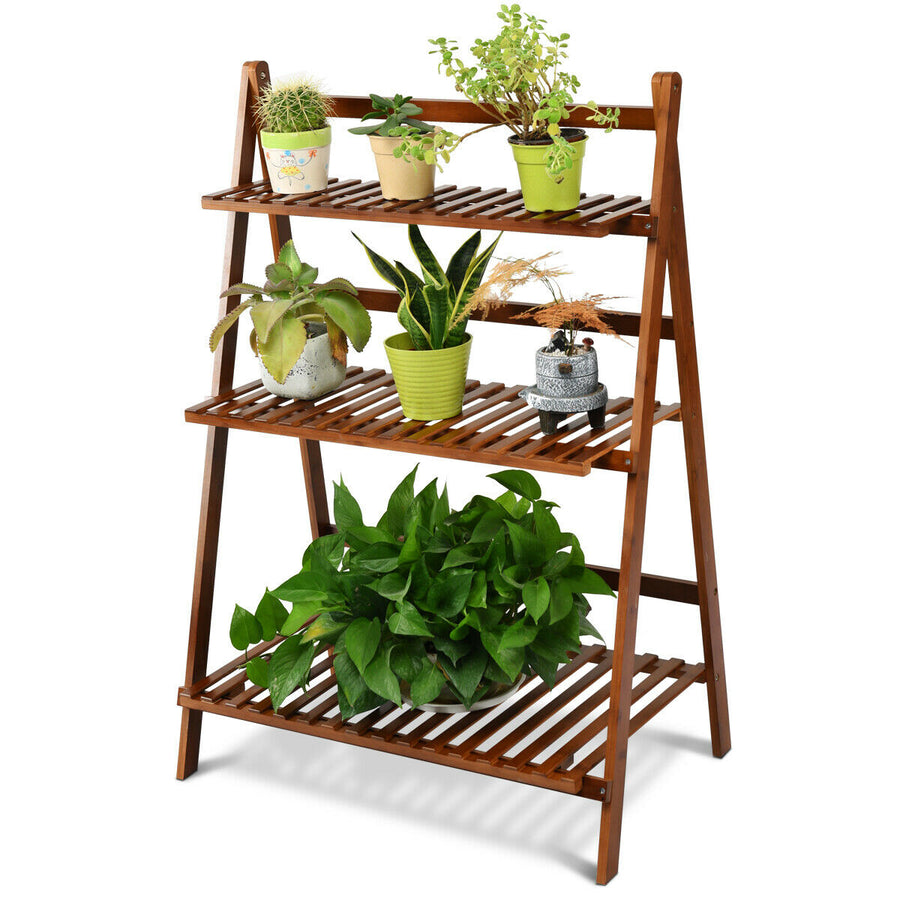 3 Tier Folding Shelf Stand Bamboo Flower Pot Display Rack Bookcase Organizer Image 1