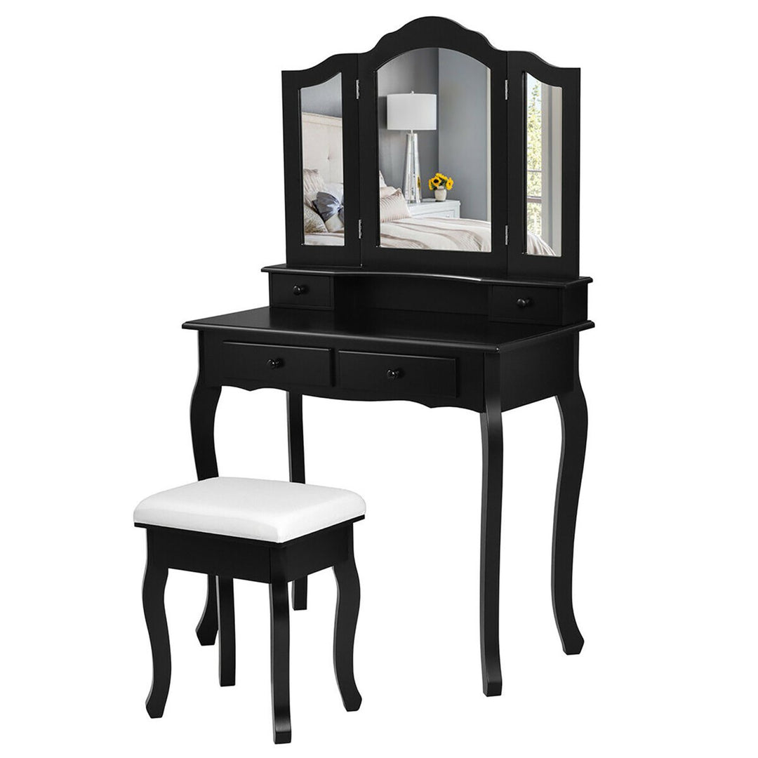 Vanity Makeup Dressing Table Set W/Stool 4 DrawerandMirror Jewelry Wood Desk Black Image 2